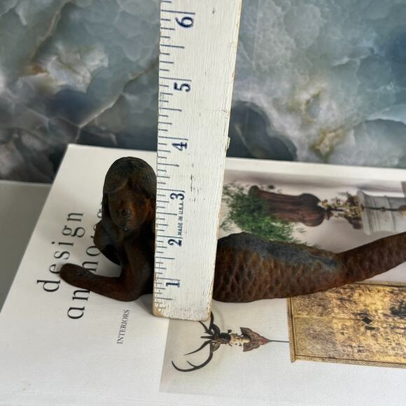 Cast Iron Mermaid Statue Siren Figurine Shelf Laying 9” Long Green Vintage - Picture 9 of 9